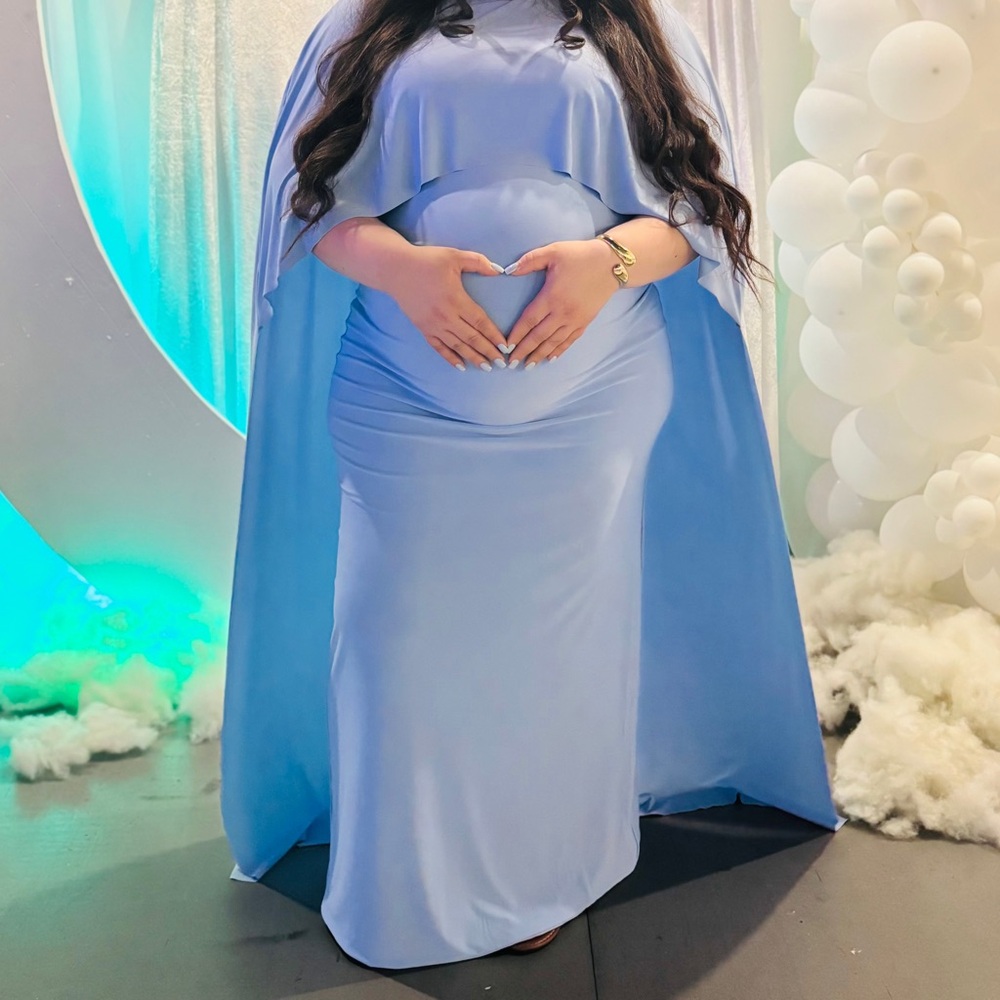 Powder Blue Draped Maternity Maxi Dress With Cape Sleeves size 12